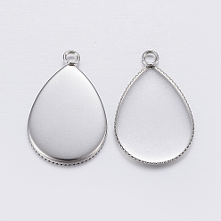 Stainless Steel Color 304 Stainless Steel Pendant Cabochon Settings, Milled Edge Bezel Cups, teardrop, Stainless Steel Color, Tray: 18x13mm, 21x13.5x1.5mm, Hole: 2mm