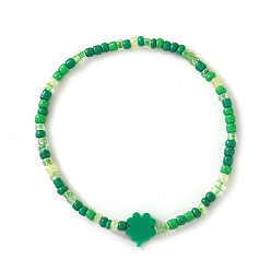 Зеленый Браслеты из стеклянного бисера на эластичную ленту ко Дню Святого Патрика, штабелируемые украшения для женщин, клевер, зелёные, 6.89 дюйм (17.5 см)