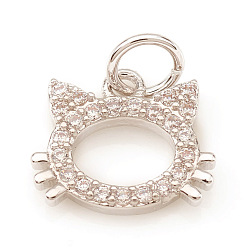 Платина Латунные микро проложить кубического циркония прелести, с прыжковых колец, форма кошки, прозрачные, платина, 7.5x9x1.5 мм, Перейти кольцо: 4x0.6 мм, отверстие : 2.5 мм