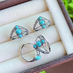 Круглые Регулируемые кольца из искусственной бирюзы с 925 наборами колец из стерлингового серебра, античное серебро, круглые, 3 мм