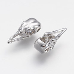 Платинированный Латунные микро проложить класса AAA кубического циркония бусы, Череп птиц, без кадмия, без никеля и без свинца, Реальная платина, 18x7x5.5 мм, отверстие : 2 мм