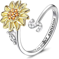 Letter S Регулируемые вращающиеся манжеты из латуни со стразами, письмо и подсолнух, Словом ты мое солнышко, Кольцо-спиннер для успокоения беспокойства, медитации, платина и светлое золото, Письмо с, внутренний диаметр: 15~20 мм