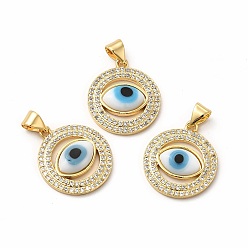 White Rack Plating Real 18K Gold Plated Brass Micro Pave Clear Cubic Zirconia Pendants, with Handmade Lampwork, Cadmium Free & Lead Free, Long-Lasting, Flat Round with Evil Eye, White, 20x17.5x3.5mm, Hole: 5.5x4mm