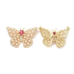 Real 18K Gold Plated Brass Micro Pave Cubic Zirconia 2-Loop Pendants, Cadmium Free & Lead Free, with ABS Pearl, Butterfly Charms, Real 18K Gold Plated, 21.5x30.5x6mm, Hole: 1.4mm