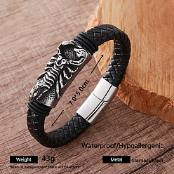 Scorpion Vintage 304 Stainless Steel Men's Braided PU Leather Bracelets with Metal Magnetic Clasps, Black, Antique Silver, Scorpion, Inner Diameter: 2.76 inch(7cm)