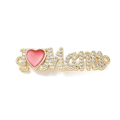 Golden Mother's Day Brass Micro Pave Clear Cubic Zirconia and Enamel Links, I Love Mama Connector Charms, Cerise, Golden, 80x30x2mm, Hole: 1.2mm