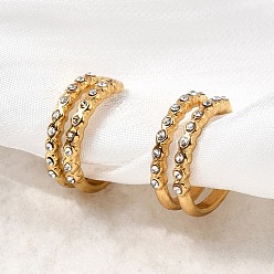 Настоящее золото 18K 304 из нержавеющей стали горный хрусталь серьги манжеты, ионное покрытие (ip), двухслойный с-образный, реальный 18 k позолоченный, 13.5x5 мм