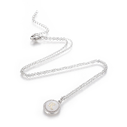 Letter R Brass Initial Pendant Necklaces, with Shell, Cubic Zirconia and 304 Stainless Steel Cable Chains, Flat Round with Letter, Letter.R, 17.5 inch(44.5cm), 1.5mm