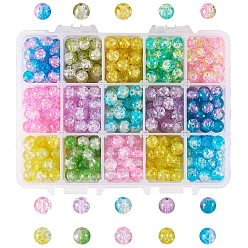 Mixed Color 15 Colors Two Tone Crackle Glass Beads, High Luster, Round, Mixed Color, 8~9x7~7.5mm, Hole: 1.3~1.6mm, about 450~522pcs/box