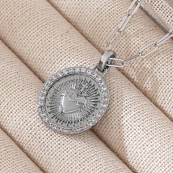 Платина Подвеска в виде священного сердца Иисуса из латуни с микропаве из прозрачных кубических цирконий, плоская круглая, цепочка-скрепка для женщин., платина, 18.11 дюйм (46 см), Кулон : 22x18 мм