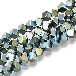 Зеленое Покрытие Гальванические нити из синтетических немагнитных гематитовых бусин, вакуумное покрытие pvd, диагональные кубические бусины, зеленый покрытием, 5.5x5.5x5.5 мм, отверстие : 0.8 мм, около 0.8~0.9 мм, около 76~79 шт / нитка, 15.35~15.75'' (39~40 см)