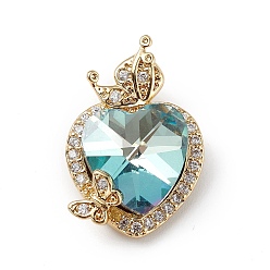 Sky Blue Real 18K Gold Plated Rack Plating Brass Micro Pave Clear Cubic Zirconia Pendants, with Glass, Long-Lasting Plated, Cadmium Free & Lead Free, Heart & Butterfly Charm, Sky Blue, 23x15x9mm, Hole: 5x2.5mm
