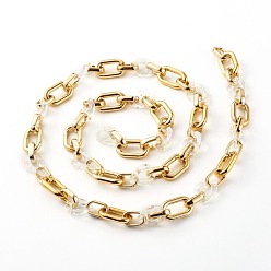 Golden Handmade CCB Plastic Cable Chains, with Transparent Acrylic Linking Rings, Clear AB, Golden, 23x16.5x4.5mm, 19~27x12~16.5x4~4.5mm, 39.37 inch(1m)/strand