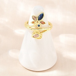 Colorful Brass Pave Cubic Zirconia Cuff Open Rings, Flower, Lead Free & Cadmium Free, Long-Lasting Plated, Rack Plating, Real 18K Gold Plated, Colorful, 19.5mm, Inner Diameter: 17mm