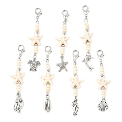 Античное Серебро 7 шт. подвесные украшения из синтетической бирюзы на тему океана, с подвесками из сплава в тибетском стиле и застежками-клешнями, черепаха/дельфин/морская звезда, античное серебро, 58.5~65 мм