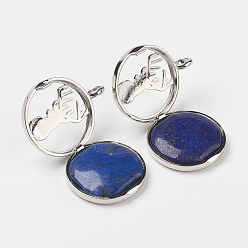 Lapis Lazuli Natural Dyed Lapis Lazuli Pendants, with Brass Diffuser Locket Finding, Flat Round with Christmas Reindeer/Stag, 31x26x8mm, Hole: 4mm