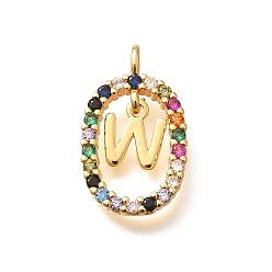 Letter W Латунные микро проложить кубического циркония подвески, без кадмия, без никеля и без свинца, реальный 18 k позолоченный, овал с подвесками в виде букв, Буква W, 18.5x11x3.5 мм, отверстие : 2x1.5 мм
