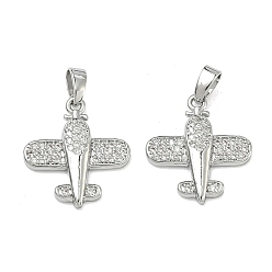 Платина Латунные микропаве прозрачные подвески с фианитом, прелести самолета, стойки покрытие, долговечный, платина, 18x16x3 мм, отверстие : 4.5x2 мм