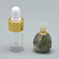 Lodolite Quartz Natural Green Lodolite Quartz Openable Perfume Bottle Pendants, with Brass Findings and Glass Essential Oil Bottles, 30~36x18~20x9.5~16mm, Hole: 0.8mm, Glass Bottle Capacity: 3ml(0.101 fl. oz), Gemstone Capacity: 1ml(0.03 fl. oz)