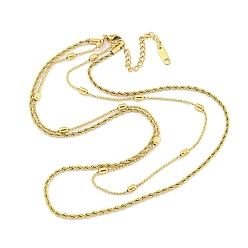 Настоящее золото 18K Ионное покрытие (IP) 304 двухслойные ожерелья из нержавеющей стали с прозрачным кубическим цирконием, Ожерелья с шариковыми и веревочными цепочками для женщин, реальный 18 k позолоченный, 15.59 дюйм (39.6 см), 2~3 мм