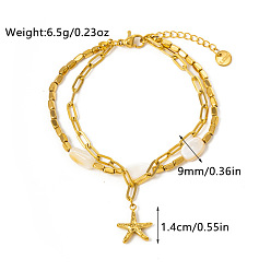 Морская звезда 304 двухслойные браслеты из нержавеющей стали и натуральных ракушек, шарм браслеты, золотые, морская звезда, 6-1/4 дюйм (16 см)