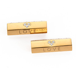 Real 14K Gold Plated 304 Stainless Steel Beads, with Rhinestone, Hexagonal Prism with Word Love, Real 14K Gold Plated, 25.5x9x8mm, Hole: 1.6mm