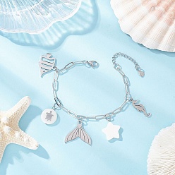 Нержавеющая Сталь Цвет Тема океана 304 браслеты с подвесками из нержавеющей стали, браслеты-цепочки из латуни для скрепок для женщин, морской конек, рыбий хвост и рыба, с натуральной пресноводной раковиной, цвет нержавеющей стали, 7-1/2 дюйм (19 см)
