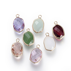 Mixed Color Glass Pendants, with Brass Findings, Faceted, Oval, Mixed Color, 20x12x6mm, Hole: 2.5mm