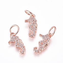 Mixed Color Brass Charms, with Micro Pave Cubic Zirconia and Jump Rings, Sea Horse, Clear, Mixed Color, 11x6x1.2mm, Hole: 3.5mm
