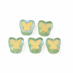 Medium Sea Green Electroplate Transparent Handmade Lampwork Beads, with Golden Plated Brass Findings, Butterfly, Medium Sea Green, 11x11x4mm, Hole: 1mm