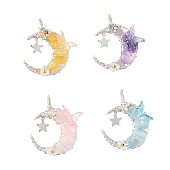 Mixed Color 4Pcs 4 Colors Natural Topaz Jade & Yellow Fluorite & Lavender Amethyst & Aquamarine & Rose Quartz & Carnelian Round Chip Wire Wrapped Pendants, Moon Charms with Acrylic Butterfly, Silver Color Plated, Mixed Color, 38.5x35x11~14.5mm, Hole: 6x3mm, 1pc/color