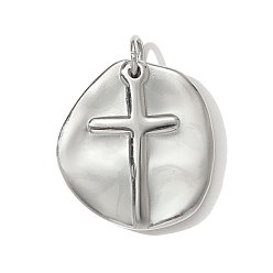 Нержавеющая Сталь Цвет 304 подвески из нержавеющей стали, плоские круглые с поперечными прелести, с целью перехода в кольце, цвет нержавеющей стали, 22x18 мм