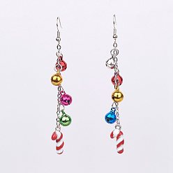 Red Alloy Enamel Dangle Earrings, with Brass Bell, Christmas Candy Cane, Platinum, Red, 88mm, 19x8.5x5mm, Pin: 0.6mm