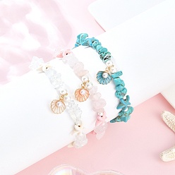 Золотой 3 шт. 3 стили браслеты на ногу из цинкового сплава с эмалью в форме ракушки, круглые браслеты с жемчугом и окрашенной синтетической бирюзой, морской звездой, магнезитом, опалитом и натуральным розовым кварцем, разноцветные, золотые, 9-3/8 дюйм (237 мм), 1 шт / стиль