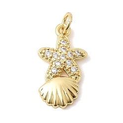 Настоящее золото 18K Латунные микропаве прозрачные подвески с фианитом, без кадмия и без свинца, долговечный, стойки покрытие, подвески в форме морской звезды с ракушкой, реальный 18 k позолоченный, 19.5x11x2.5 мм, отверстие : 3.3 мм