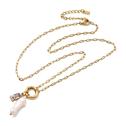 Настоящее золото 18K Кулон из натурального жемчуга Кеши и прямоугольника из фиолетового стекла 304 Женские ожерелья-скрепки из нержавеющей стали, ионное покрытие (ip), реальный 18 k позолоченный, 17.95 дюйм (45.6 см)