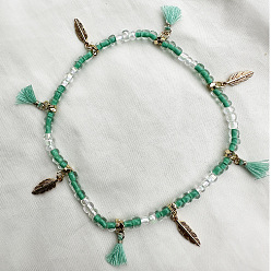 Темный Голубой Браслеты на ногу в стиле бохо с подвеской в виде пера, кисточкой из пластика, украшенные бисером, античное золото , темные голубые, 9-1/2 дюйм (240 мм)