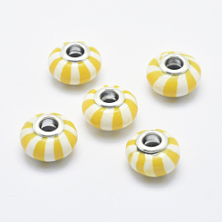 Gold Handmade Polymer Clay European Beads, with Silver Color Plated Brass Cores, Large Hole Beads, Rondelle with Stripe Pattern, Gold, 13~16x8~11mm, Hole: 4.5~5mm