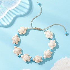 Бежевый Регулируемые браслеты из синтетических бирюзовых бусин в виде морских черепах для женщин., со стеклянными бисеринами, бежевые, внутренний диаметр: 1.38~3.15 дюйм (3.5~8 см)