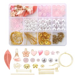 Gemischte Farbe DIY Ohrring machen Kits, einschließlich Kunstwildleder & Eisen & Acryl & Legierung Emaille & Messing Anhänger, Glas- und ABS-Kunststoffperlen, Ohrhaken & Ringe aus Messing, Eisenstifte & Perlenkappen, 304 Edelstahl-Sprungringe & Kabelketten, Gemischte Farbe, Perlen: 90 Stück / Karton