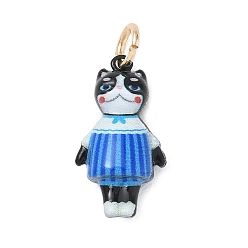 Blue Brass with Enamel Pendants, Cat Shape with Striped Clothes Charms, Golden, Blue, 21x11x7mm, Hole: 4mm