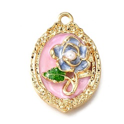 Бледно-Розовый Подвески из эмали и сплава, с ABS имитации жемчуга, овальные с цветком, стойки покрытие, долговечный, без свинца, без кадмии и без никеля, золотые, розовый жемчуг, 31x21x6 мм, отверстие : 2.2 мм