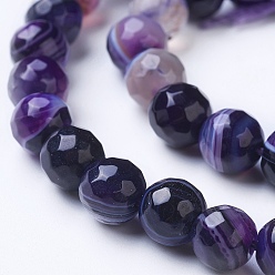 Purple Natural Striped Agate/Banded Agate Beads Strands, Dyed & Heated, Faceted, Grade A, Round, Purple, 8mm, Hole: 1.2mm, about 47pcs/strand, 14.9 inch(38cm)