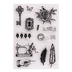 Mixed Patterns Clear Silicone Stamps, for DIY Scrapbooking, Photo Album Decorative, Cards Making, Stamp Sheets, Key & Flower & Feather & Sewing Machine Patterns, Mixed Patterns, 16x11.5cm