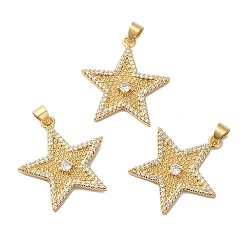 Clear Rack Plating Brass Pave Cubic Zirconia Pendants, Lead Free & Cadmium Free, Real 18K Gold Plated, Long-Lasting Plated, Star Charm, Clear, 26x25x3mm, Hole: 4x3.5mm