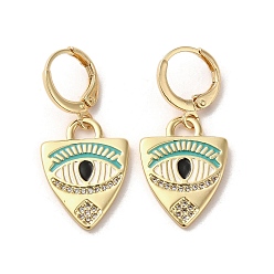 Turquoise Moyen Boucles d'oreilles pendantes œil de cheval en laiton doré à fermoir à levier, avec de l'émail et de la zircone cubique, turquoise moyen, 33x15mm