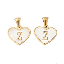 Letter Z 304 сердце из натуральной белой ракушки из нержавеющей стали с подвесками в виде инициалов, ионное покрытие (ip), золотые, Письмо Z, 14x16x2 мм, отверстие : 4.5x3 мм