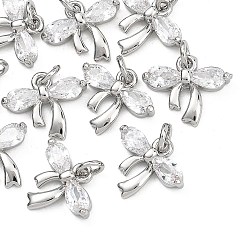 Plaqué Platine Véritable Breloques en laiton et zircon cubique transparent Shegrace, sans cadmium et sans nickel et sans plomb, charmes bowknot, Platine plaqué, 10.5x12x2mm, Trou: 2mm