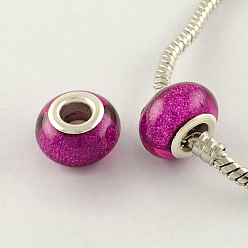 Magenta Large Hole Resin European Beads, with Silver Color Plated Brass Double Cores, Rondelle, Magenta, 14x9mm, Hole: 5mm