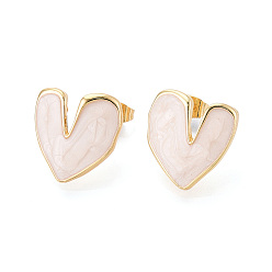 (404) Непрозрачное AB Кислое яблоко Серьги-гвоздики в форме сердца из латуни, с эмалью, настоящий 18k золотой, цветочный белый, 17.5x16.5 мм